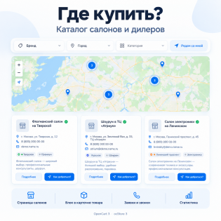 Где купить? - Каталог салонов и дилеров с картой, страницами салонов и статистикой